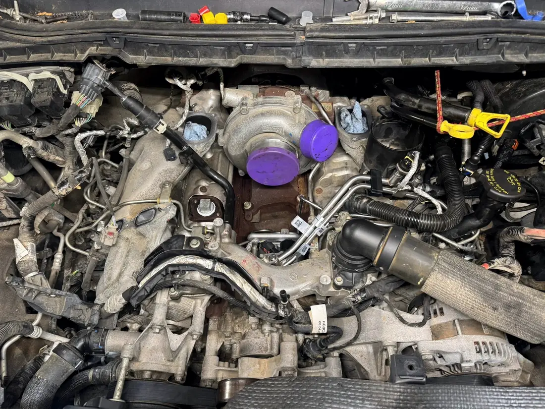 6.7 Power Stroke engine bay with the turbo and valley exposed