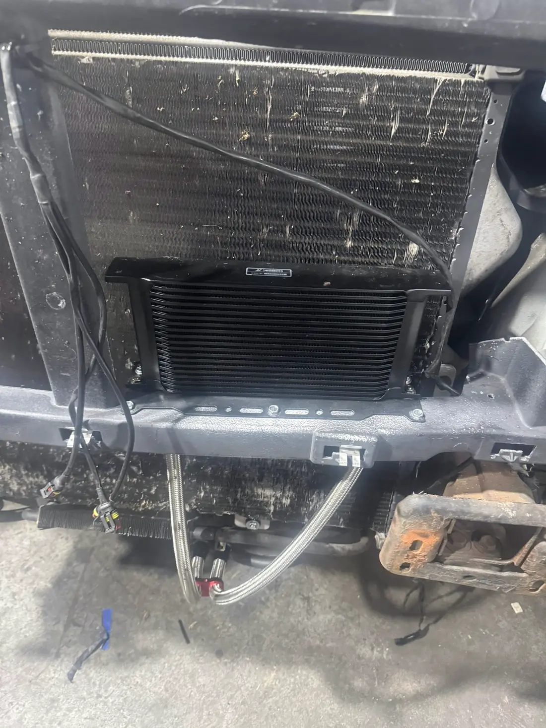 Intercooler and radiator stack accessed from the front of a diesel truck