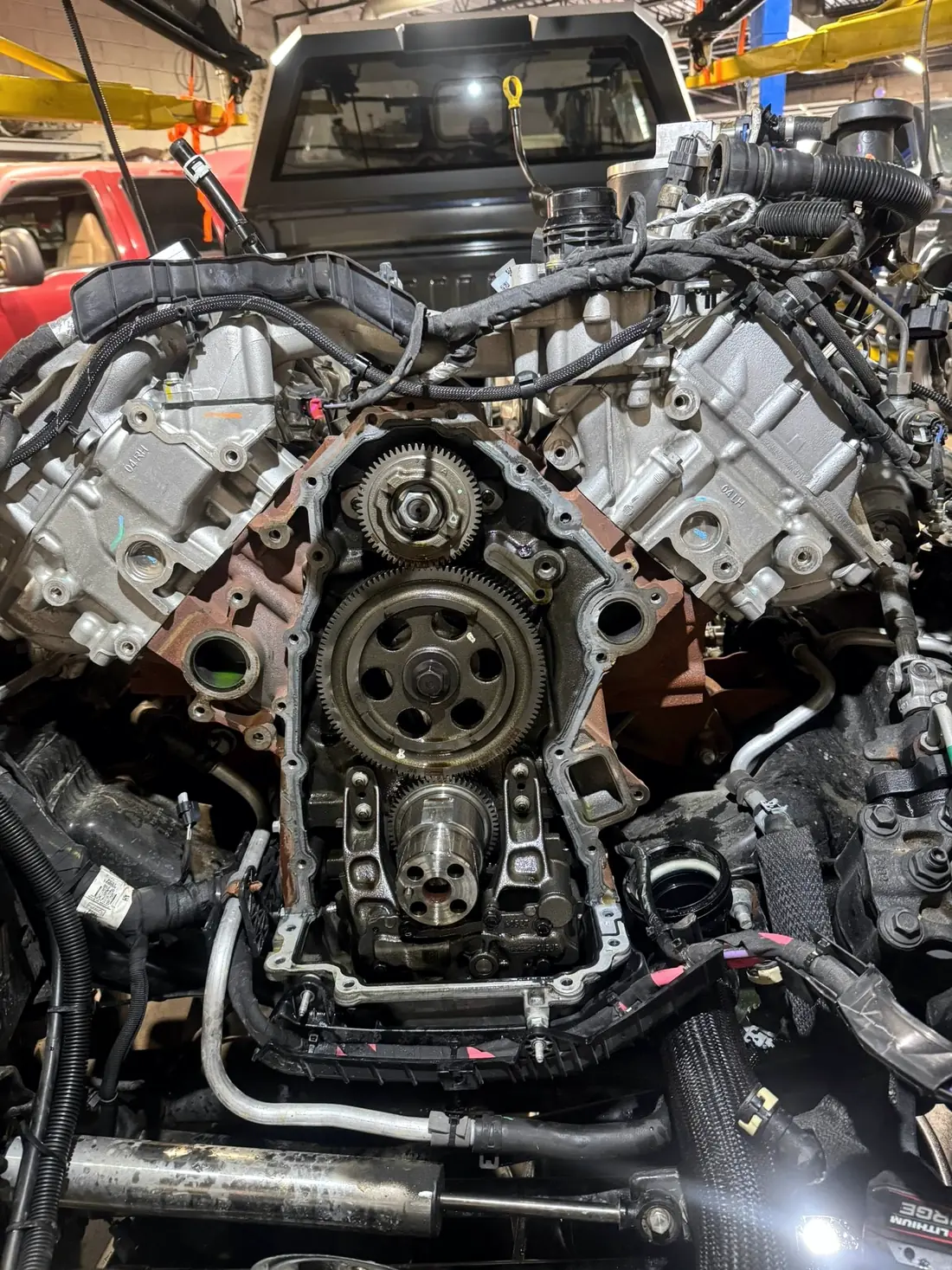 Front gear case of a diesel engine opened up during a rebuild