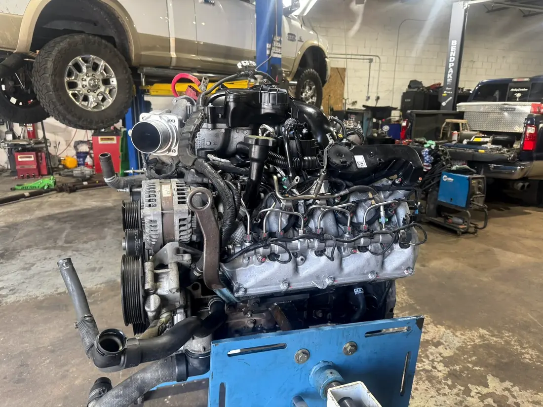 Duramax diesel engine mounted on an engine stand at CBS Diesel