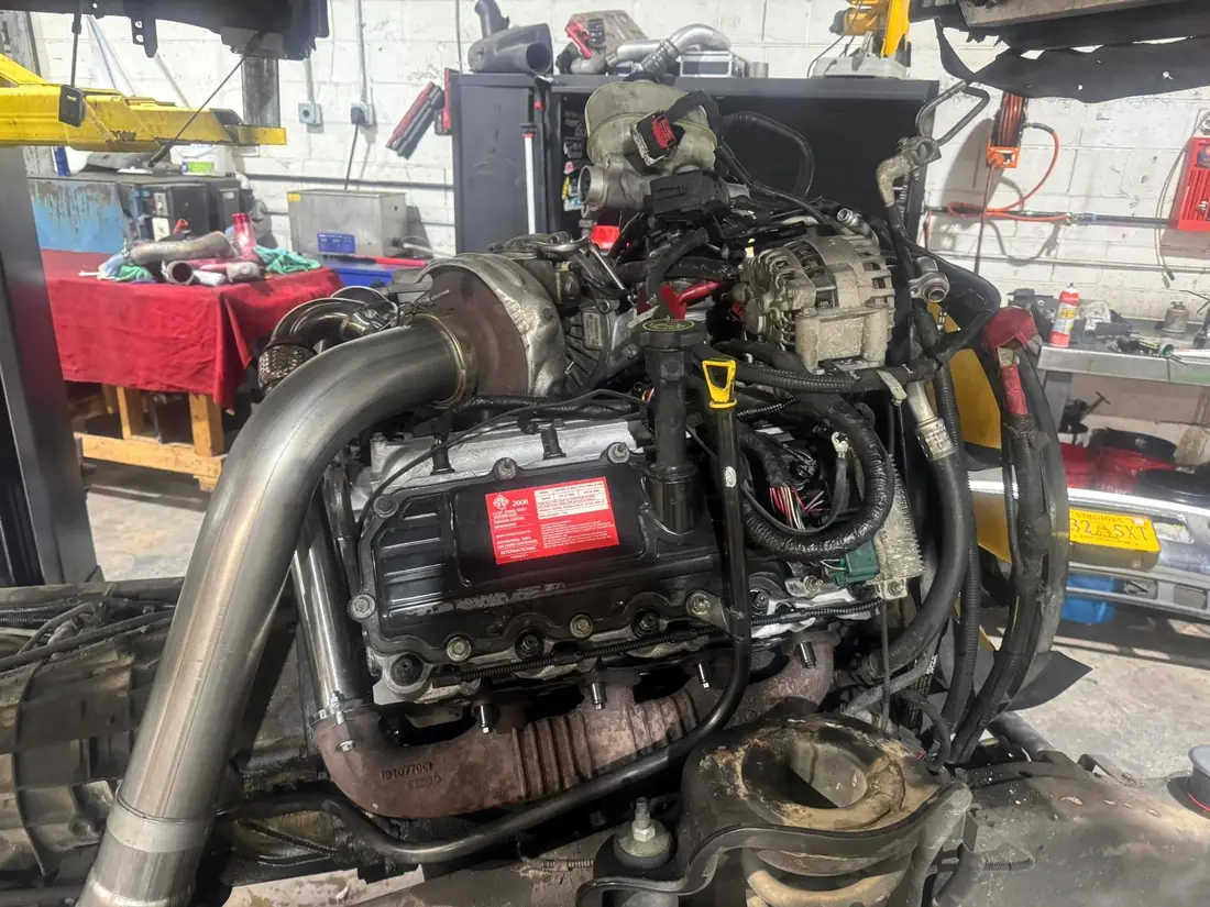 Duramax engine with stainless steel up-pipes fitted
