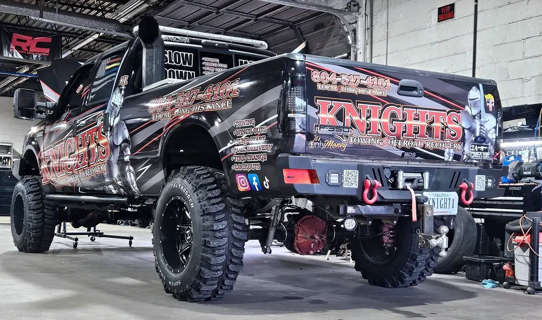 Rear view of the Knights Towing truck in the CBS Diesel workshop