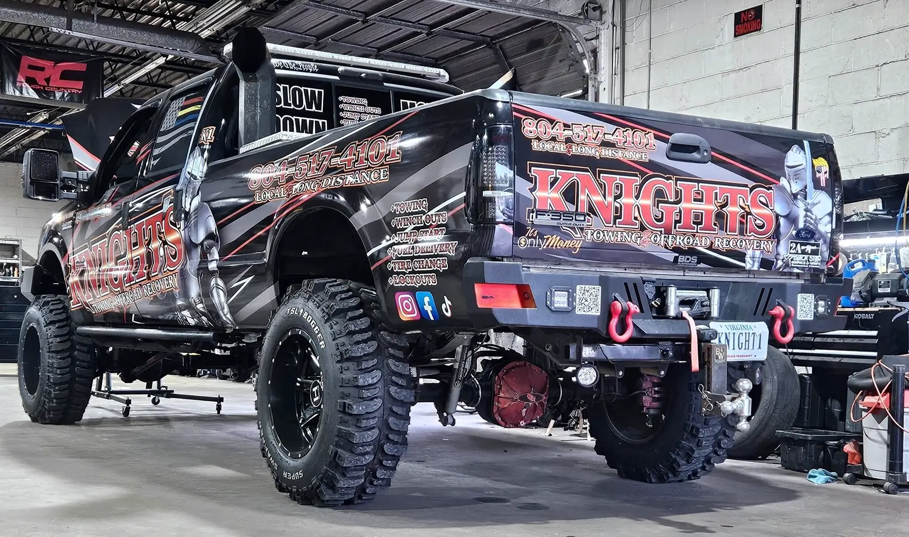 Rear view of the Knights Towing truck in the CBS Diesel workshop