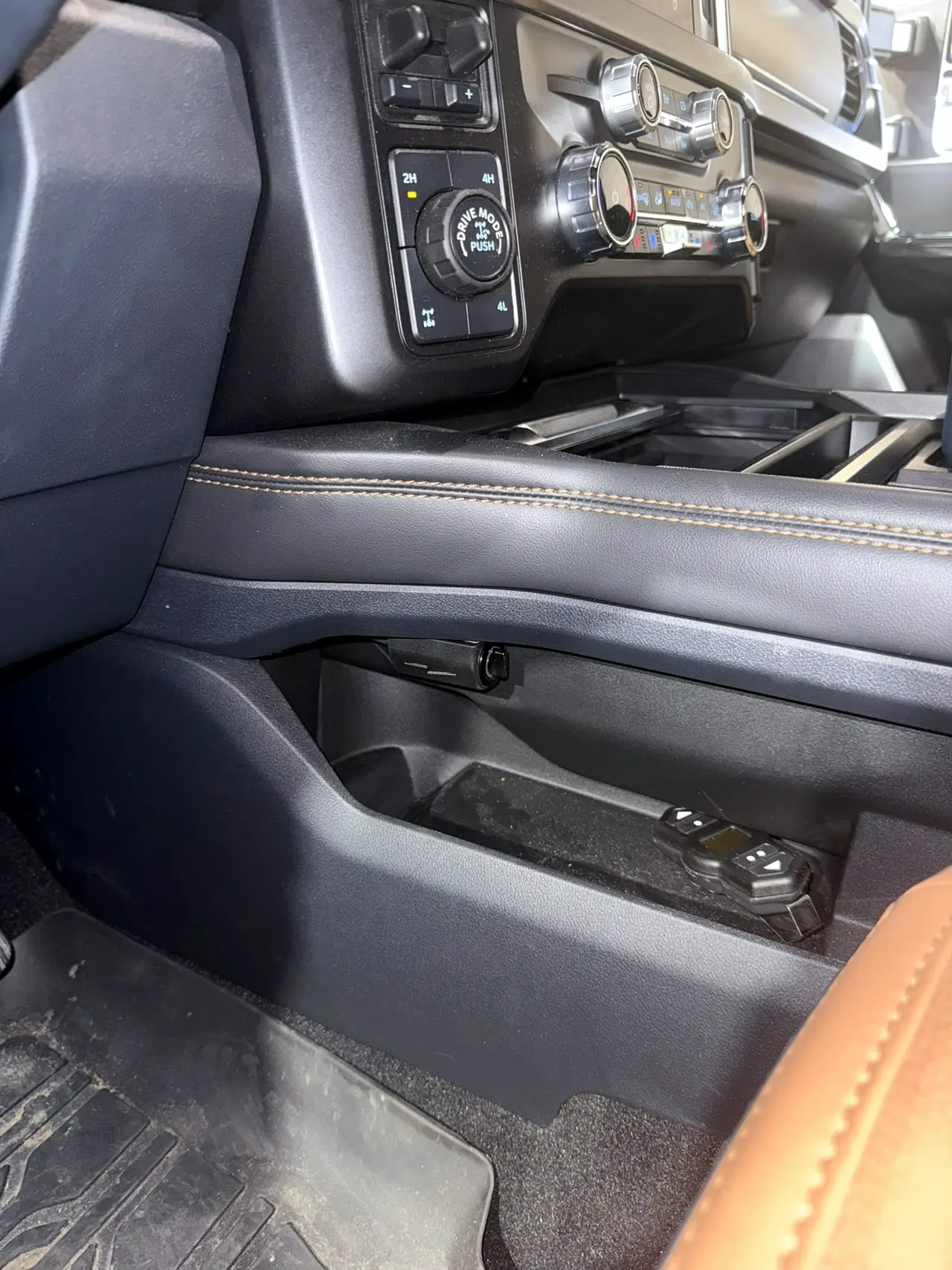 Leather interior and center console of a Ram pickup