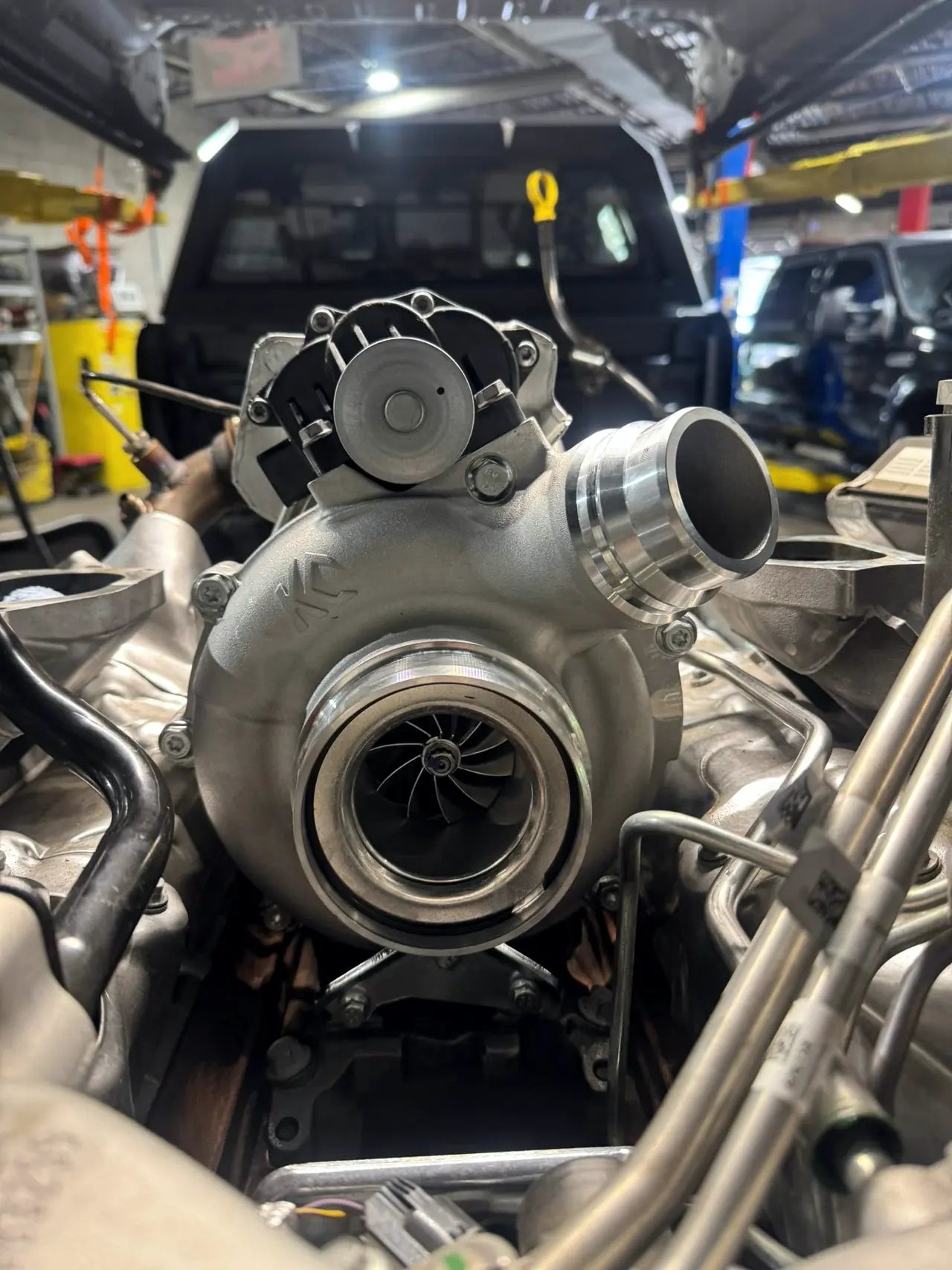 Turbocharger fitted to a diesel engine, close up