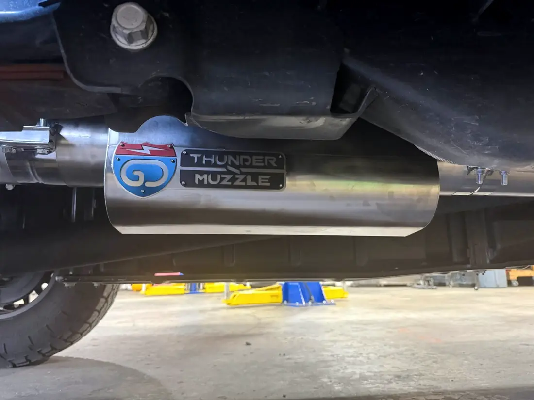 GDP Thunder Muzzle exhaust fitted under a diesel truck
