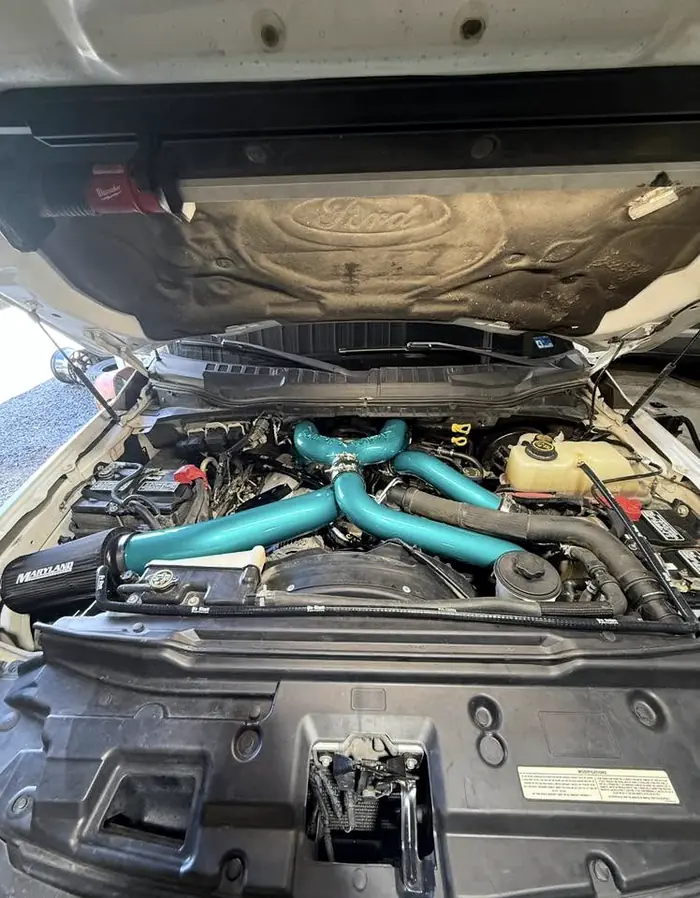 Diesel engine bay with silicone coolant hoses fitted