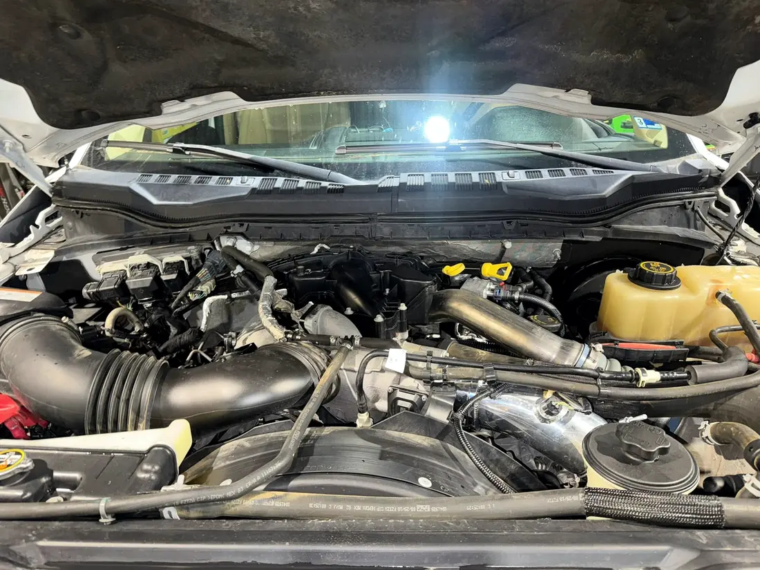 Diesel engine bay with the air intake removed