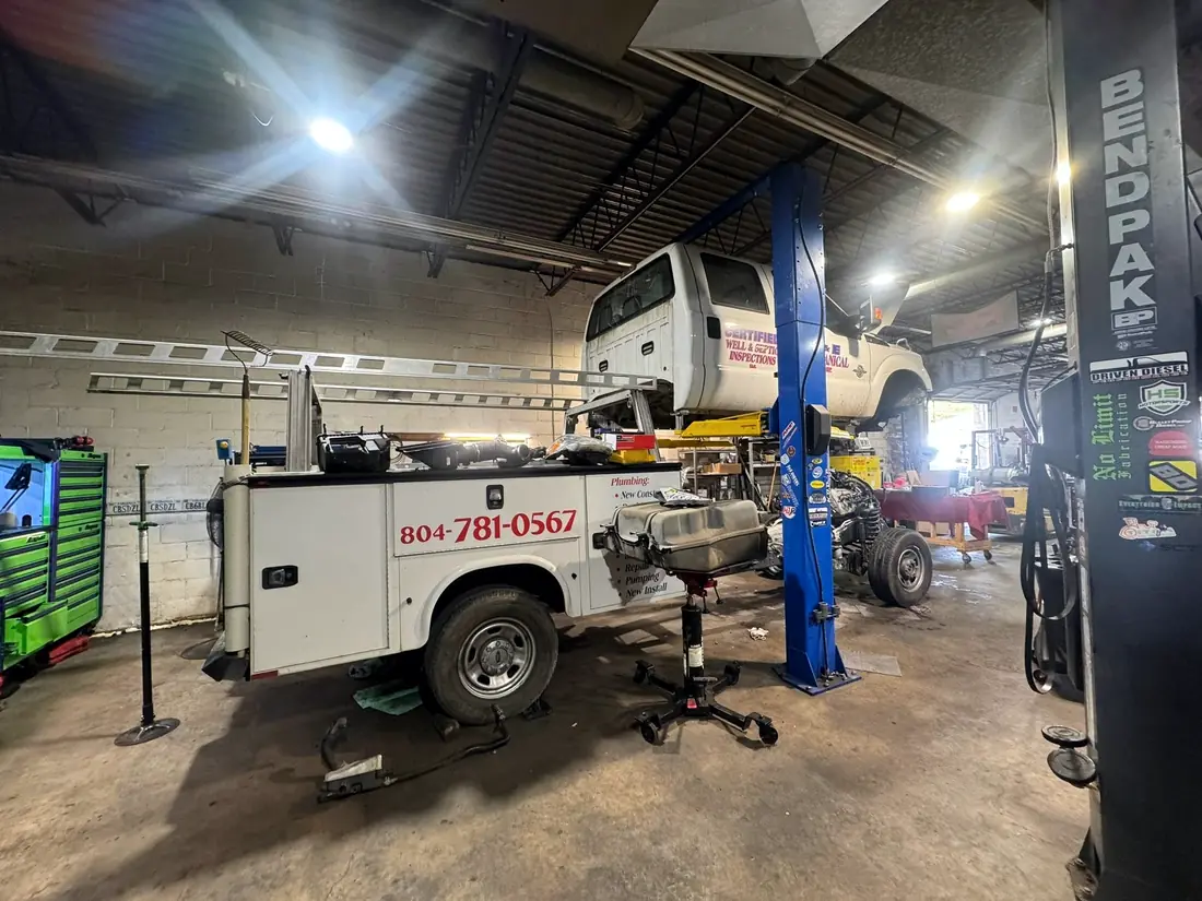Service-body work truck in the bay at CBS Diesel
