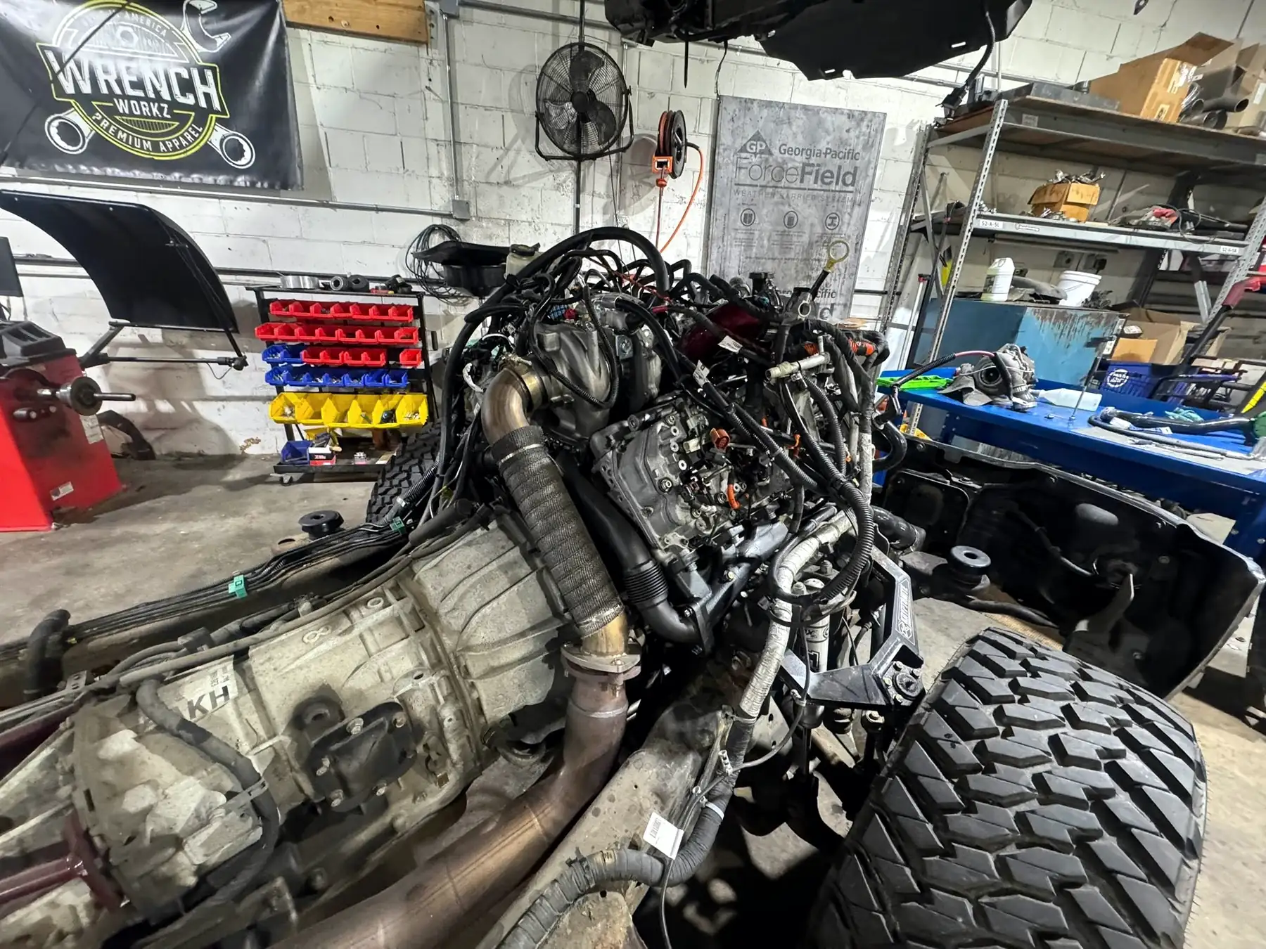 Truck chassis with the transmission removed