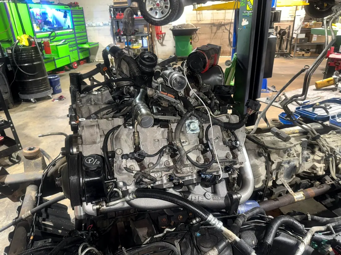 Duramax engine assembly in the shop