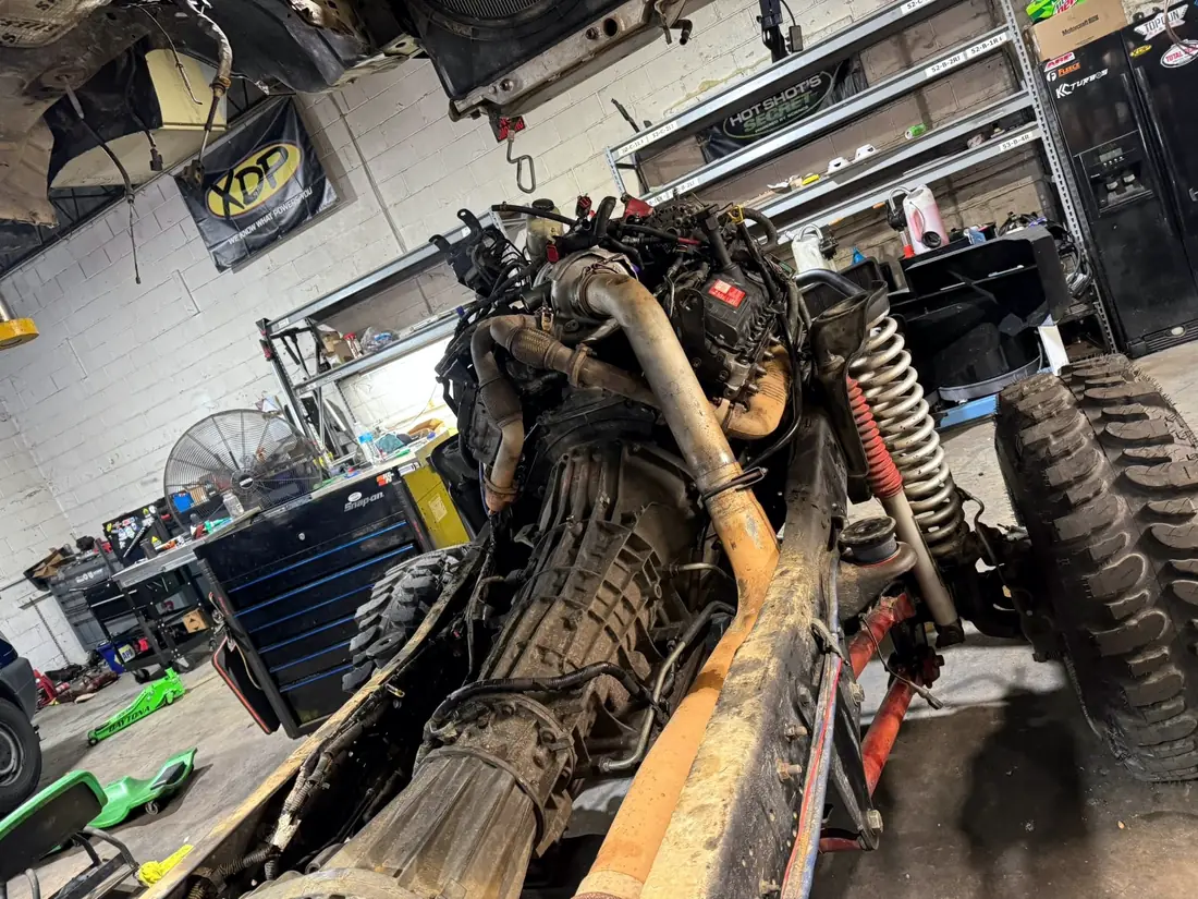Engine and transmission removed from the chassis