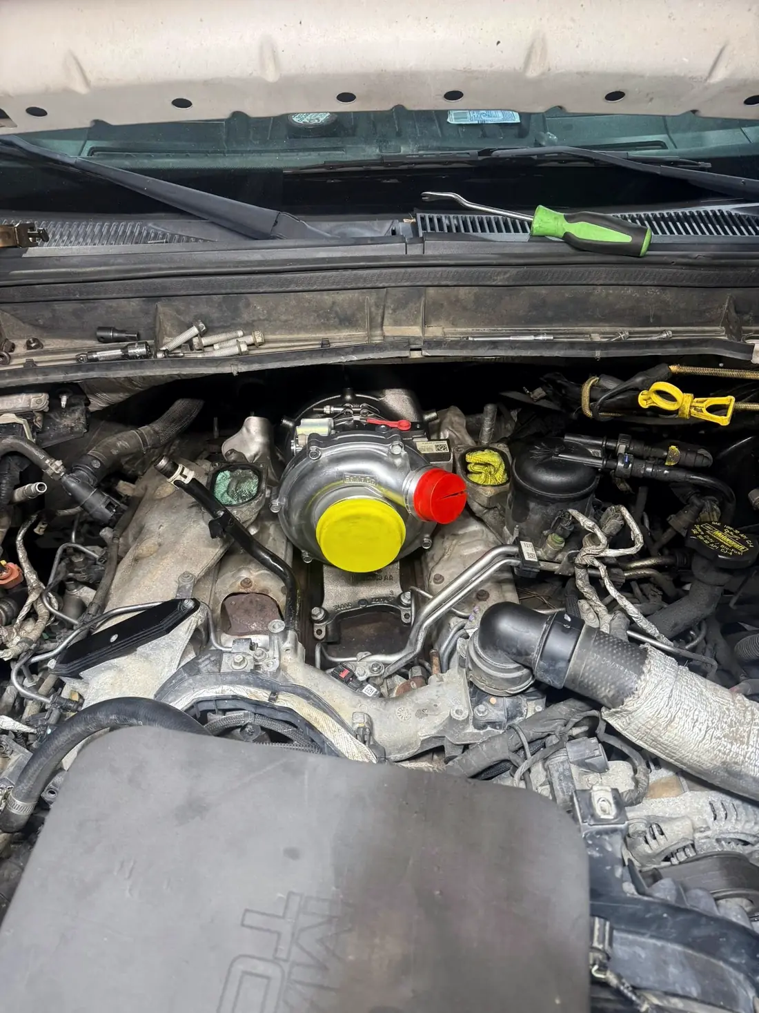 Diesel engine bay with the intake removed
