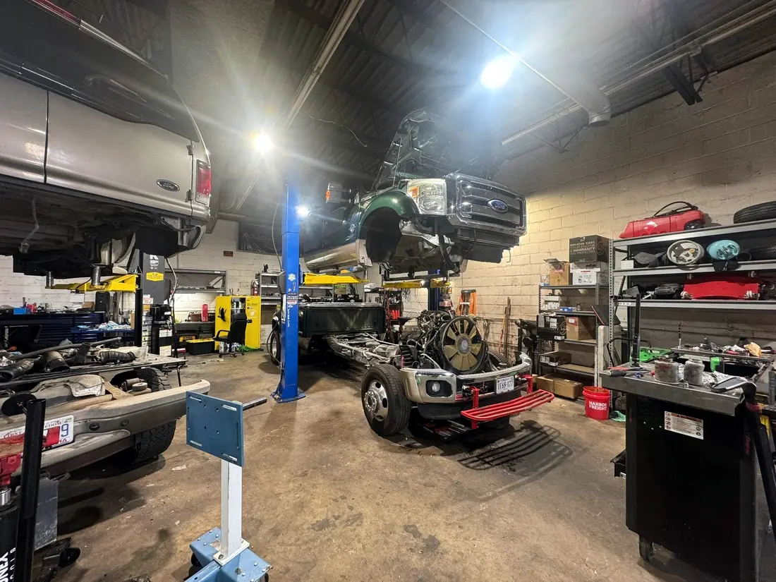 Cab-off Ford chassis with the engine removed