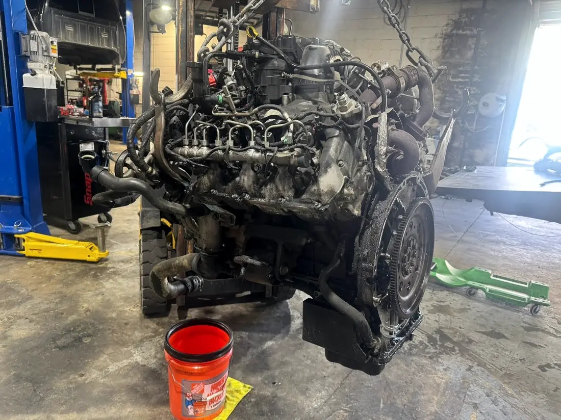 Duramax engine on a stand in the workshop