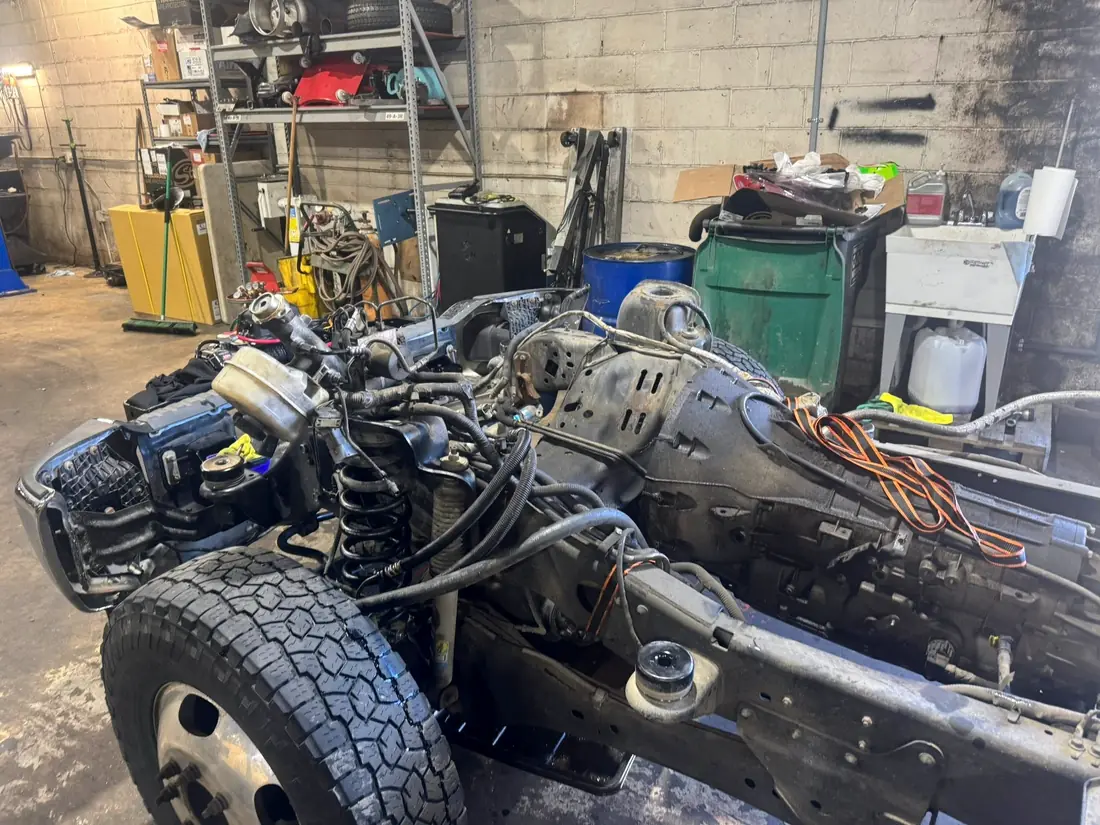 Bare truck chassis with the suspension and axles in place
